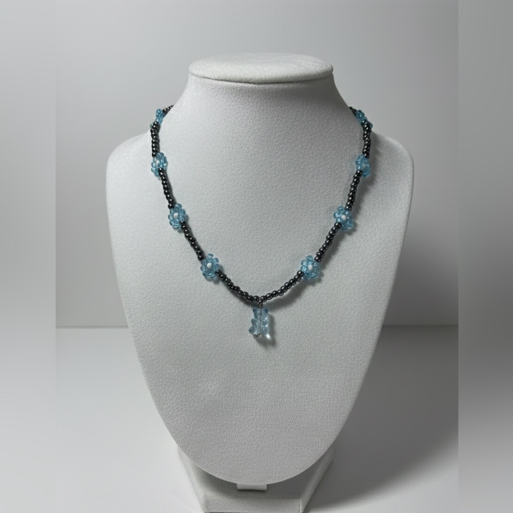 Celestial Blue & Hematite Y2K Floral Choker‎ | Handcrafted Aesthetic Statement